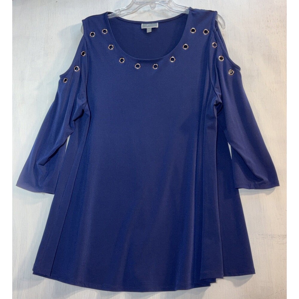 JM Collection Women's Blue Relaxed 3/4 Sleeve Cold-Shoulder Top Plus Size XL